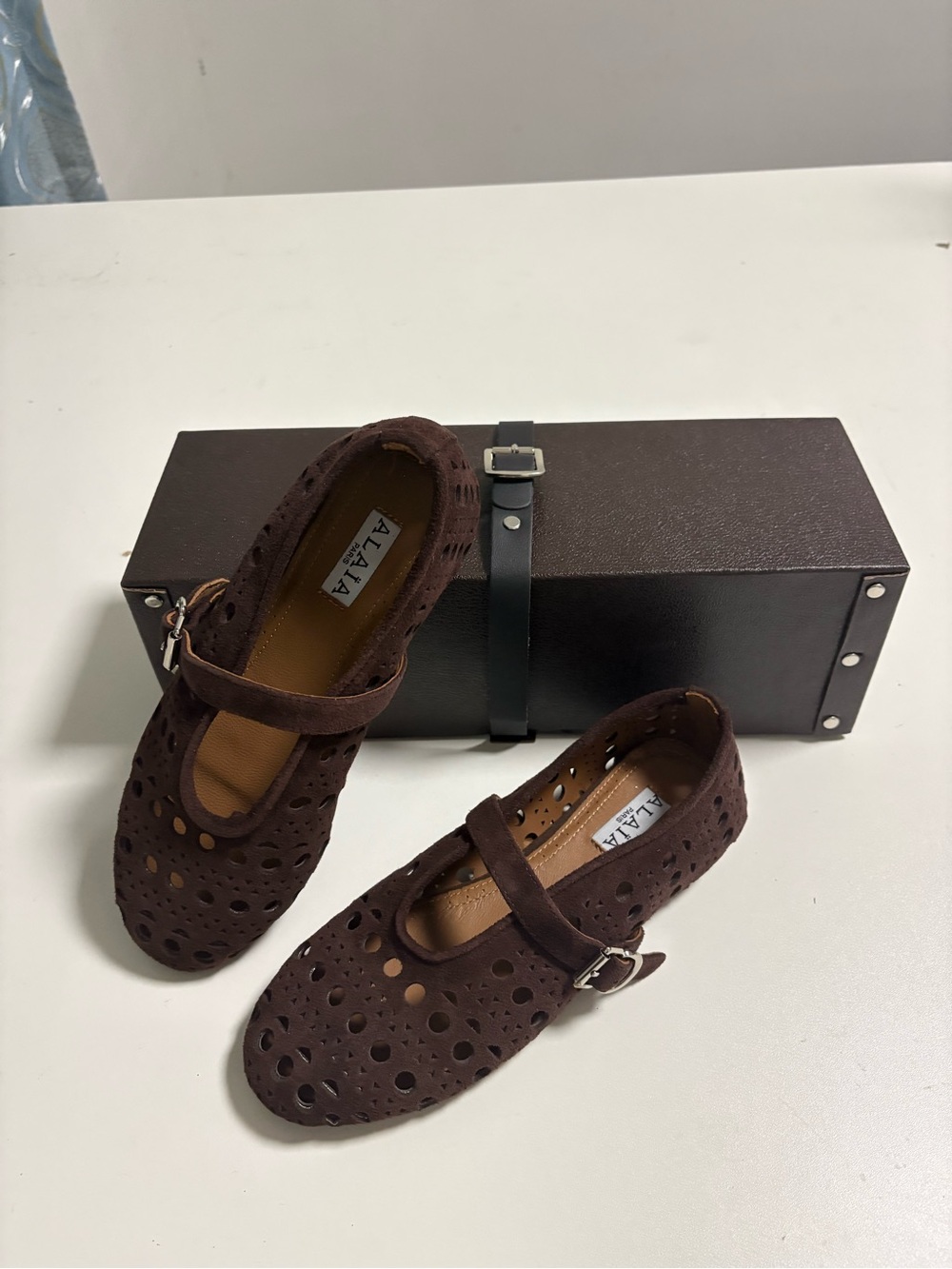 Alaia Brown Perforated Suede Mary Jane Flats